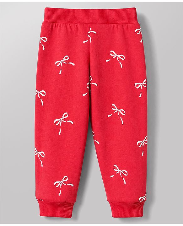 Babyhug Cotton Knit Full Length Jogger Fit Lounge Pants with Bows Print Pack of 3 in Red Black Pink