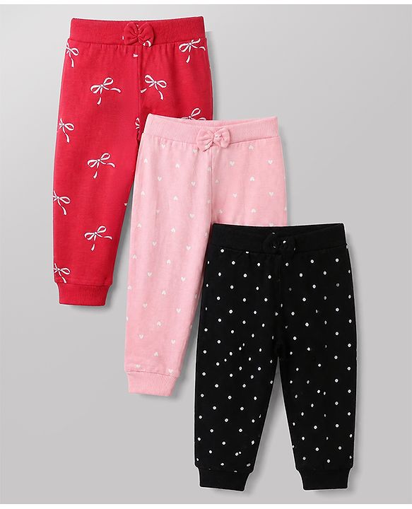 Babyhug Cotton Knit Full Length Jogger Fit Lounge Pants with Bows Print Pack of 3 in Red Black Pink