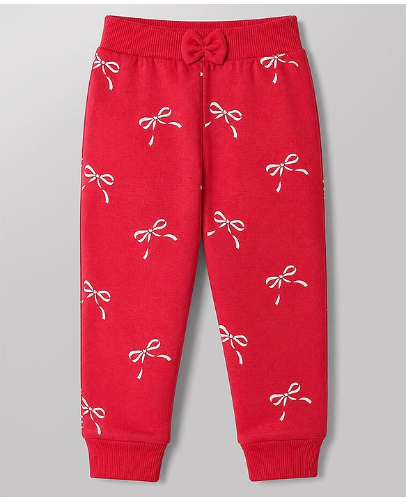 Babyhug Cotton Knit Full Length Jogger Fit Lounge Pants with Bows Print Pack of 3 in Red Black Pink
