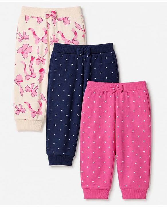 Babyhug Cotton Knit Jogger Fit Full Length Lounge Pant with Bow Print Pack of 3 - Blue Pink Light Pink