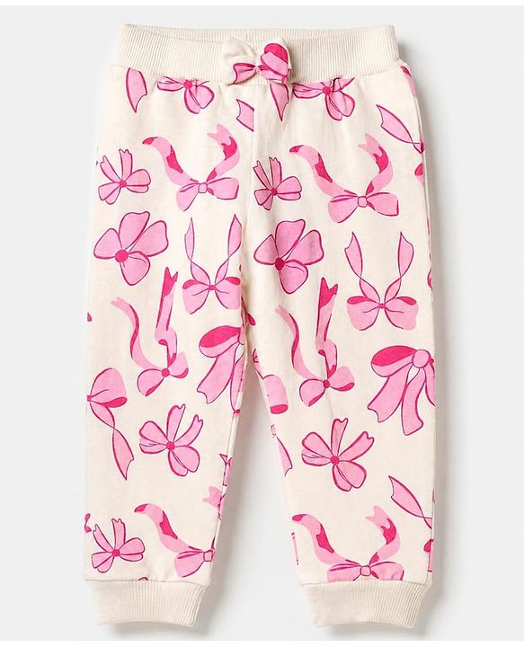 Babyhug Cotton Knit Jogger Fit Full Length Lounge Pant with Bow Print Pack of 3 - Blue Pink Light Pink