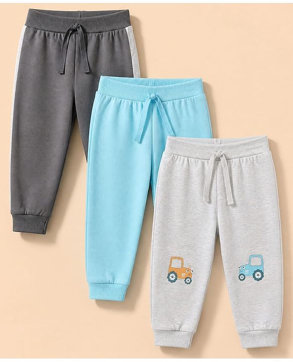 Babyhug Cotton Knit Full Length Jogger Fit Lounge Pant with Tractor Print Pack of 3 in Blue Grey