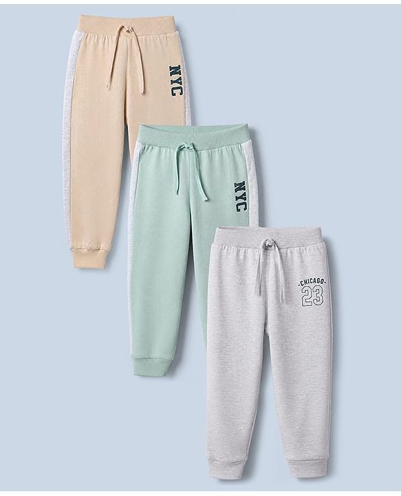 Babyhug Cotton Knit Jogger Fit Full Length Lounge Pant with NYC Print Pack of 3 in Grey