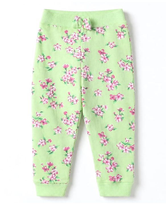 Babyhug 100% Cotton Single Jersey Knit Full Length Lounge Pant With Floral Print Pack of 2 - Pink Green