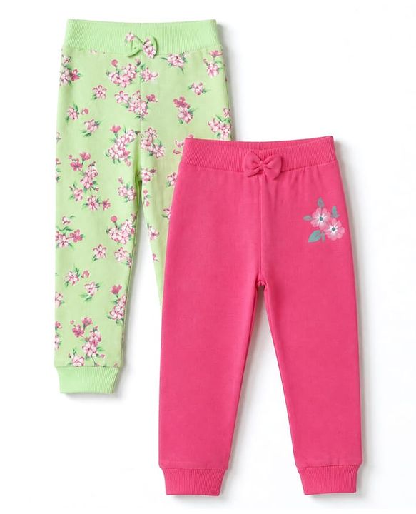 Babyhug 100% Cotton Single Jersey Knit Full Length Lounge Pant With Floral Print Pack of 2 - Pink Green