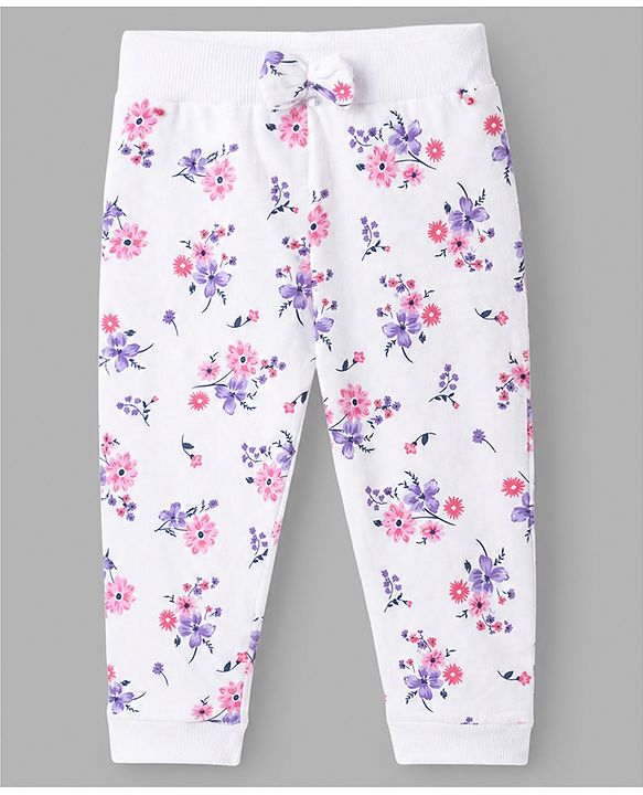 Babyhug 100% Cotton Single Jersey Knit Full Length Lounge Pant With Floral Print Pack of 2 - Purple White