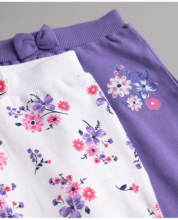 Babyhug 100% Cotton Single Jersey Knit Full Length Lounge Pant With Floral Print Pack of 2 - Purple White