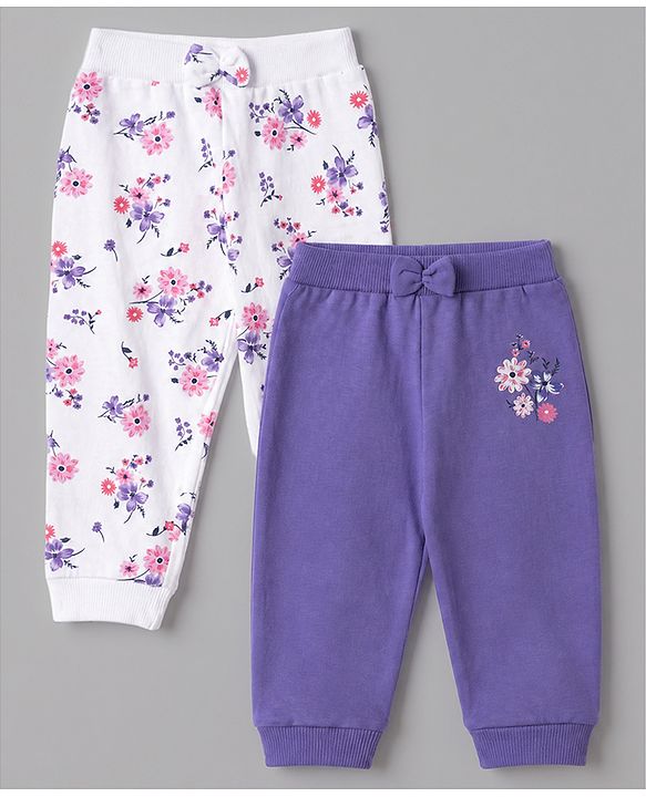 Babyhug 100% Cotton Single Jersey Knit Full Length Lounge Pant With Floral Print Pack of 2 - Purple White