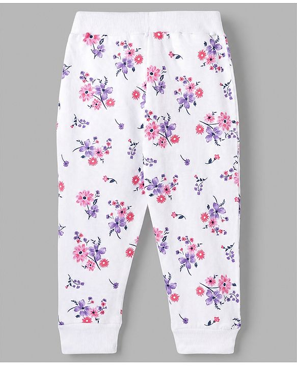 Babyhug 100% Cotton Single Jersey Knit Full Length Lounge Pant With Floral Print Pack of 2 - Purple White