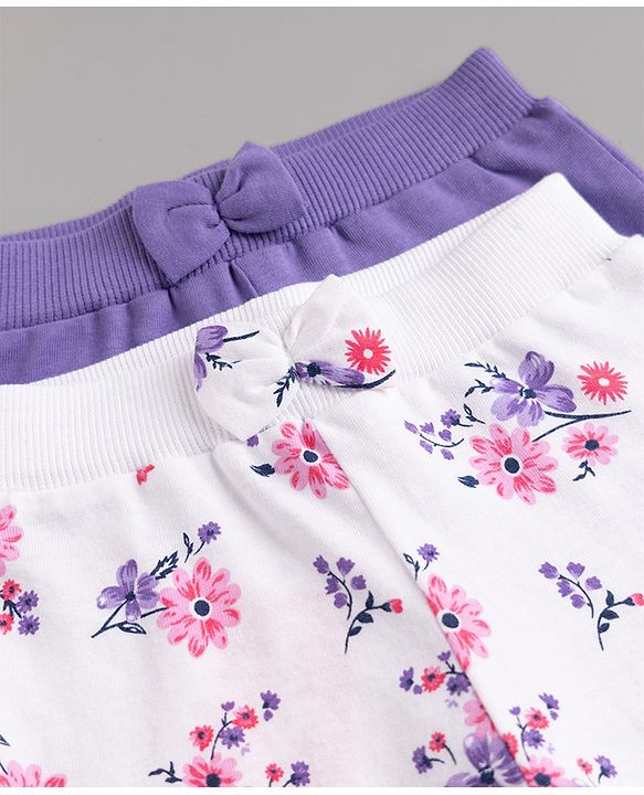 Babyhug 100% Cotton Single Jersey Knit Full Length Lounge Pant With Floral Print Pack of 2 - Purple White