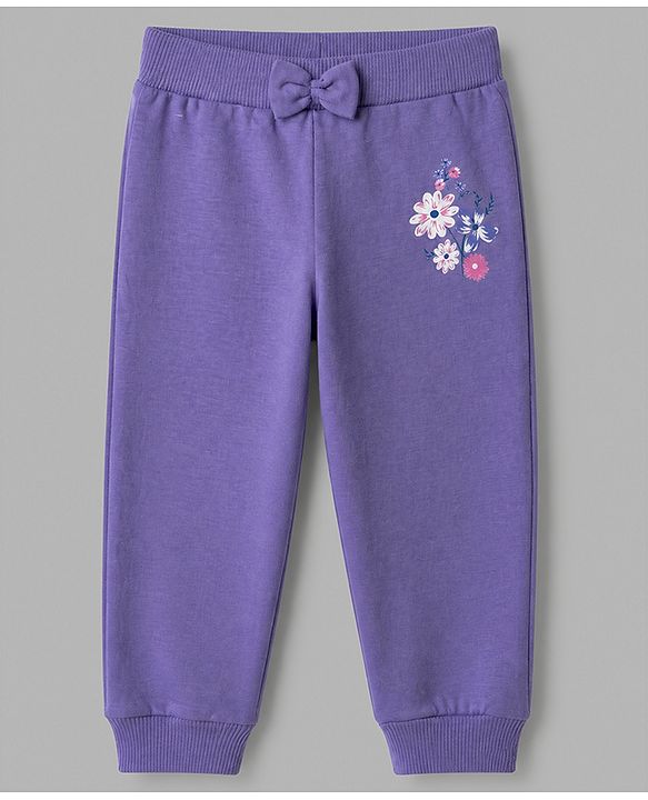 Babyhug 100% Cotton Single Jersey Knit Full Length Lounge Pant With Floral Print Pack of 2 - Purple White