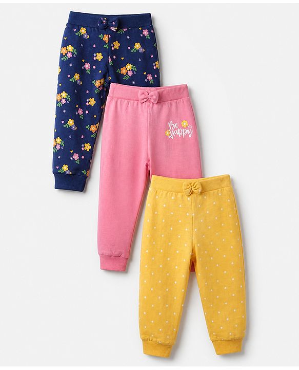 Babyhug Cotton Knit Full Length Lounge Pants With Floral Print Pack of 3 - Yellow Pink Navy Blue