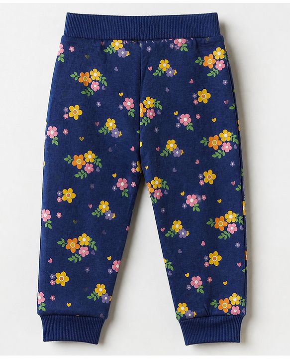 Babyhug Cotton Knit Full Length Lounge Pants With Floral Print Pack of 3 - Yellow Pink Navy Blue