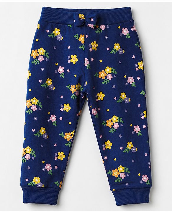 Babyhug Cotton Knit Full Length Lounge Pants With Floral Print Pack of 3 - Yellow Pink Navy Blue