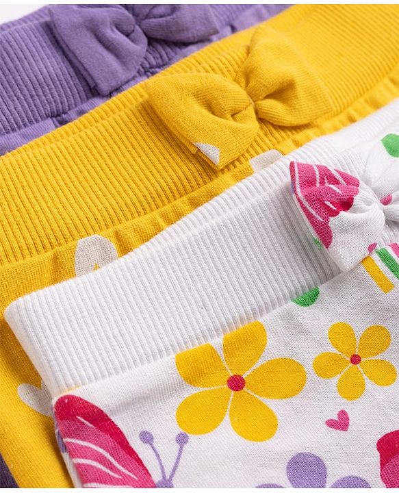 Babyhug 100% Cotton Single Jersey Knit Full Length Lounge Pant Heart Rainbow & Floral Print Pack of 3 - Yellow White & Purple