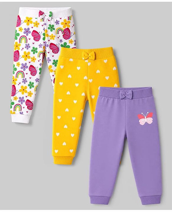 Babyhug 100% Cotton Single Jersey Knit Full Length Lounge Pant Heart Rainbow & Floral Print Pack of 3 - Yellow White & Purple