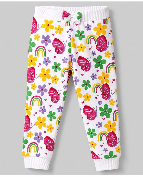 Babyhug 100% Cotton Single Jersey Knit Full Length Lounge Pant Heart Rainbow & Floral Print Pack of 3 - Yellow White & Purple