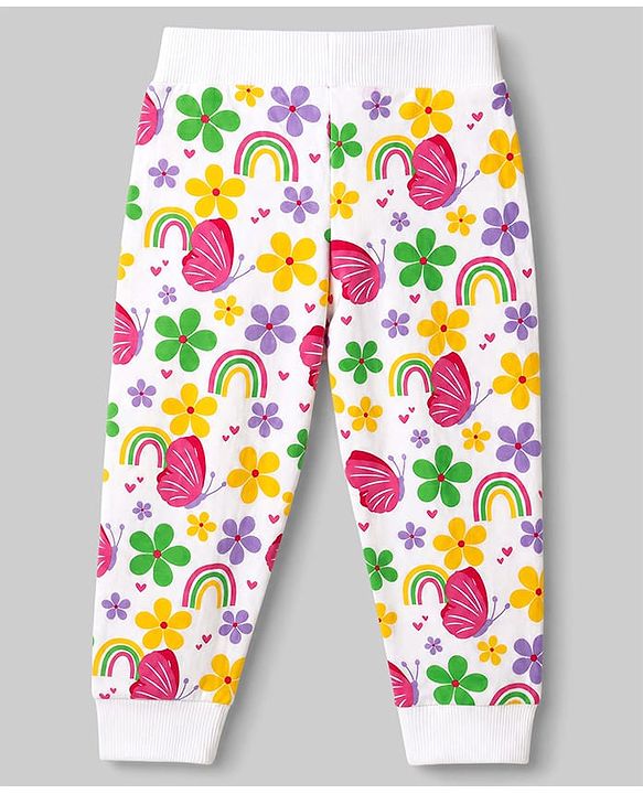 Babyhug 100% Cotton Single Jersey Knit Full Length Lounge Pant Heart Rainbow & Floral Print Pack of 3 - Yellow White & Purple