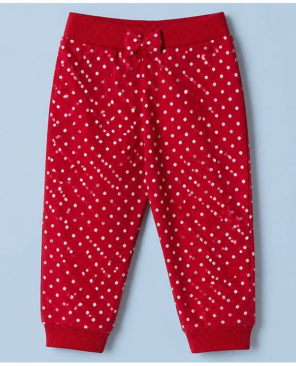 Babyhug 100% Cotton Single Jersey Knit Jogger Fit Full Length Lounge Pant With Polka Dots Print Pack of 3 - Red Pink White