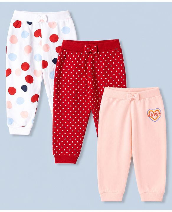 Babyhug 100% Cotton Single Jersey Knit Jogger Fit Full Length Lounge Pant With Polka Dots Print Pack of 3 - Red Pink White