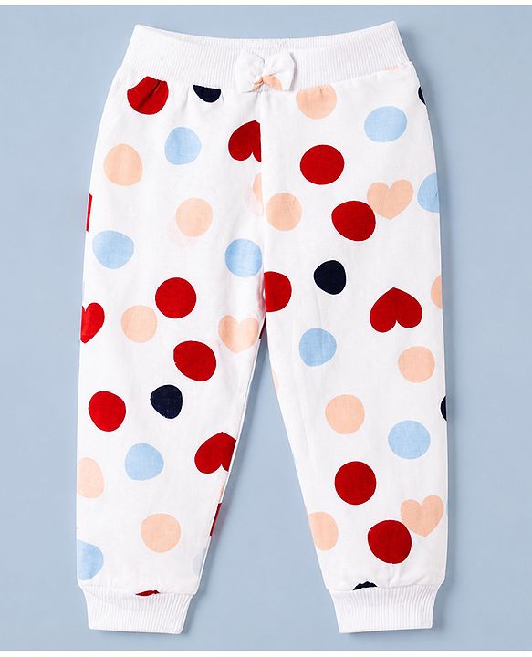 Babyhug 100% Cotton Single Jersey Knit Jogger Fit Full Length Lounge Pant With Polka Dots Print Pack of 3 - Red Pink White