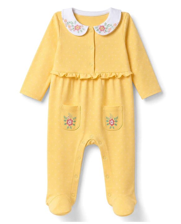 Babyhug 100% Cotton Knit Full Sleeves Sleep Suit with Floral Embroidery - Yellow
