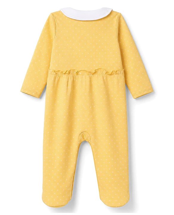 Babyhug 100% Cotton Knit Full Sleeves Sleep Suit with Floral Embroidery - Yellow