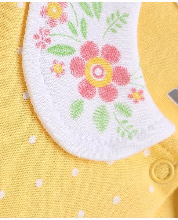 Babyhug 100% Cotton Knit Full Sleeves Sleep Suit with Floral Embroidery - Yellow