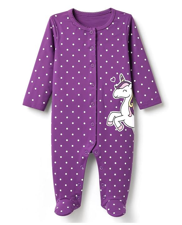 Babyhug 100% Cotton Knit Full Sleeves Sleep Suit with Polka Dots & Unicorn - Purple