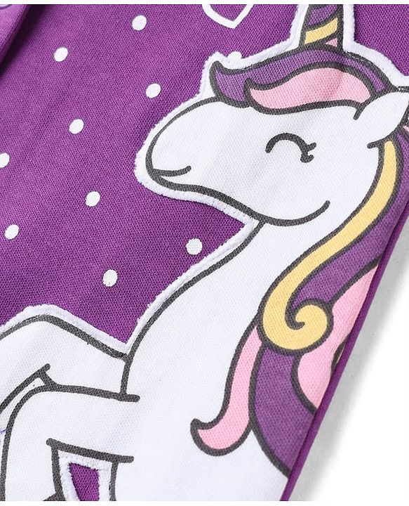 Babyhug 100% Cotton Knit Full Sleeves Sleep Suit with Polka Dots & Unicorn - Purple