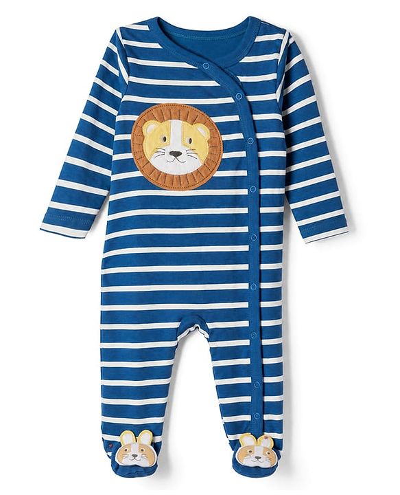 Babyhug Cotton Knit Full Sleeves Sleep Suit Nightwear with Striped & Lion Patch in Navy Blue