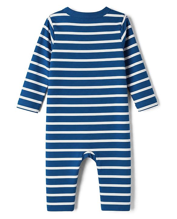 Babyhug Cotton Knit Full Sleeves Sleep Suit Nightwear with Striped & Lion Patch in Navy Blue