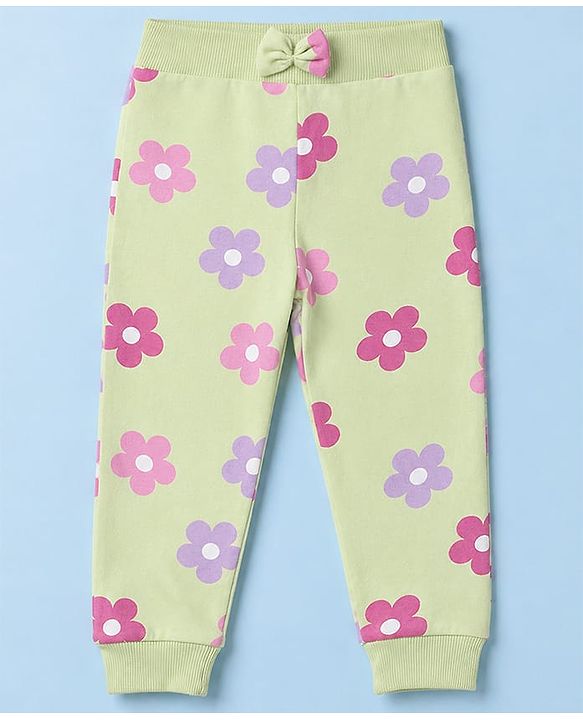 Babyhug 100% Cotton Single Jersey Knit Full Length Lounge Pant With Butterfly & Floral Print Pack of 3 - Blue Pink Green