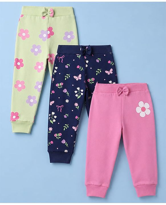 Babyhug 100% Cotton Single Jersey Knit Full Length Lounge Pant With Butterfly & Floral Print Pack of 3 - Blue Pink Green