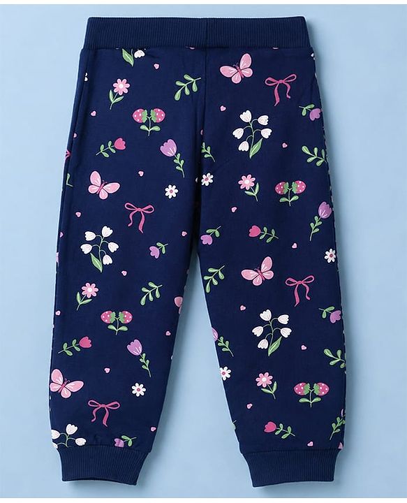 Babyhug 100% Cotton Single Jersey Knit Full Length Lounge Pant With Butterfly & Floral Print Pack of 3 - Blue Pink Green
