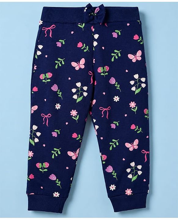 Babyhug 100% Cotton Single Jersey Knit Full Length Lounge Pant With Butterfly & Floral Print Pack of 3 - Blue Pink Green