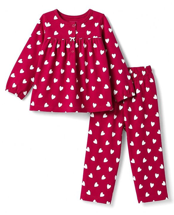 Babyhug 100% Cotton Knit Full Sleeves Co-Ords T-Shirt & Pyjama Night Suit with Heart Print - Red