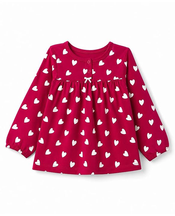 Babyhug 100% Cotton Knit Full Sleeves Co-Ords T-Shirt & Pyjama Night Suit with Heart Print - Red