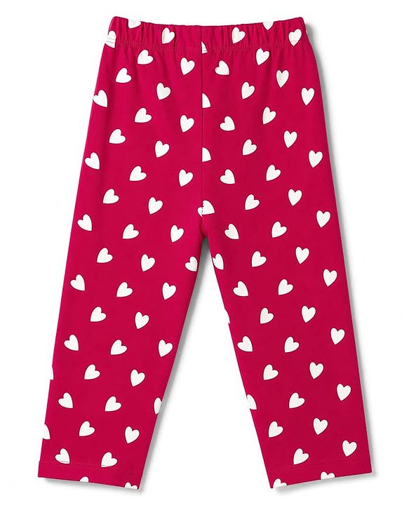 Babyhug 100% Cotton Knit Full Sleeves Co-Ords T-Shirt & Pyjama Night Suit with Heart Print - Red