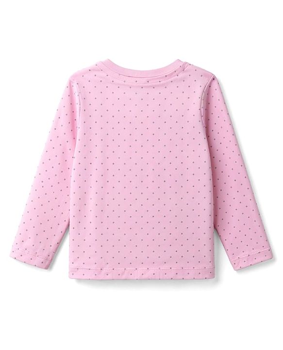 Babyhug 100% Cotton Knit Full Sleeves Top & Pyjama Night Suit with Dotted Print & Bow Applique - Pink