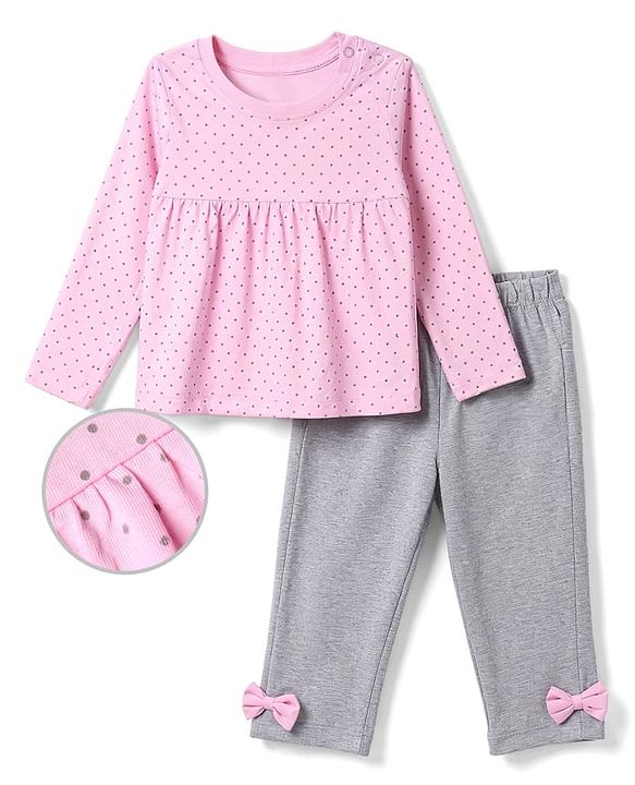 Babyhug 100% Cotton Knit Full Sleeves Top & Pyjama Night Suit with Dotted Print & Bow Applique - Pink