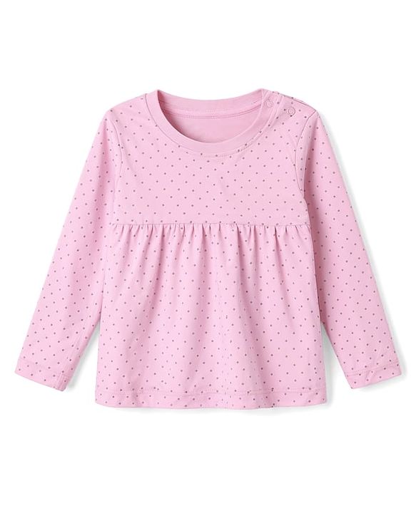 Babyhug 100% Cotton Knit Full Sleeves Top & Pyjama Night Suit with Dotted Print & Bow Applique - Pink