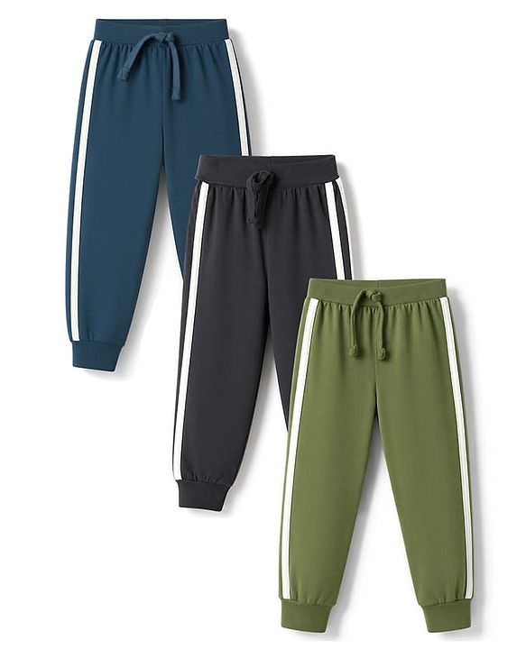 Babyhug 100% Cotton Jersey Knit Full Sleeves Lounge Pants Pack of 3 - Black, Olive & Teal Blue