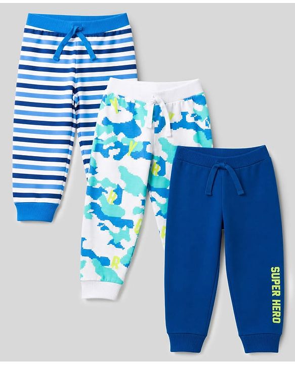 Babyhug Cotton Single Jersey Knit Full Length Striped Lounge Pant with Text & Camouflage Print Pack of 3 - Blue & White