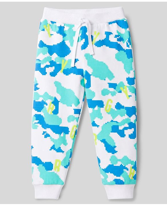 Babyhug Cotton Single Jersey Knit Full Length Striped Lounge Pant with Text & Camouflage Print Pack of 3 - Blue & White