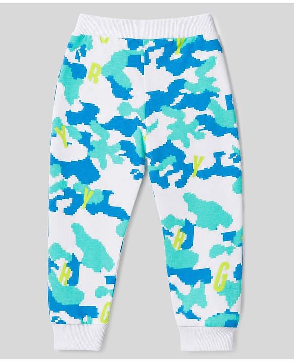 Babyhug Cotton Single Jersey Knit Full Length Striped Lounge Pant with Text & Camouflage Print Pack of 3 - Blue & White