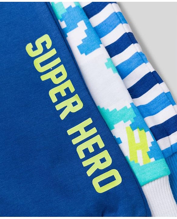 Babyhug Cotton Single Jersey Knit Full Length Striped Lounge Pant with Text & Camouflage Print Pack of 3 - Blue & White