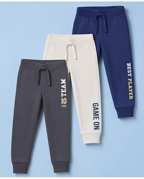 Babyhug 100% Cotton Single Jersey Knit Full Length Sports Theme Text Printed Lounge Pants Pack Of 3 - Grey White & Navy Blue