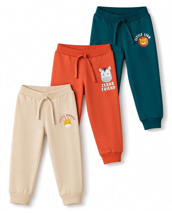 Babyhug 100% Cotton Single Jersey Knit Full Length Lounge Pant with Animals Face Print Pack of 3 - Teal Blue Cream & Rust Orange