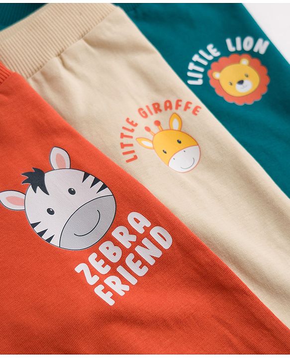 Babyhug 100% Cotton Single Jersey Knit Full Length Lounge Pant with Animals Face Print Pack of 3 - Teal Blue Cream & Rust Orange